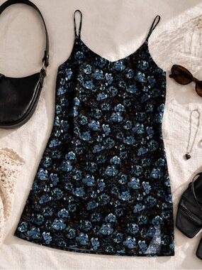 Frank And Oak Black and Blue Floral Slip Dress